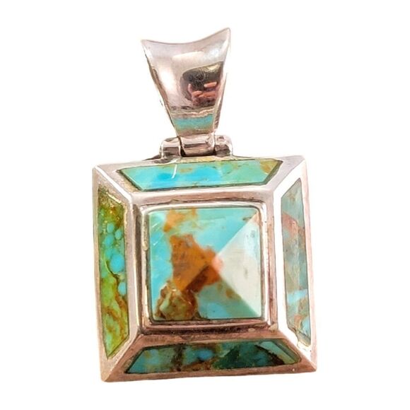 Sterling Gold Matrix Blue Green Turquoise Pyramid Pendant - Picture 1 of 9